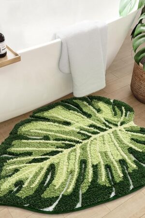 DEXI Leaf Bathroom Rugs Monstera, 23.5x31.5 Soft Fluffy Cute Bath Mat with Non Slip Backing, Washable Absorbent Bath Rug Quick Dry for Shower Floor, Toilet, Bedroom, Kids Room, Green