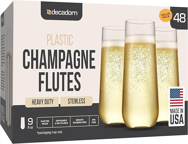 48 Pack Clear Stemless Champagne Flutes, 9oz Plastic | Shatterproof | BPA-Free | Smooth Rims | Durable and Sturdy | Recyclable | Mimosa Glasses For Parties