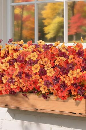 20 Bundles Artificial Fall Mums Flowers for Outdoors Decoration, UV Resistant Silk Violet Faux Eucalyptus Autumn Big Fake Plants for Outside Indoor Yard Home Porch Decor, OrangeYellowBrown