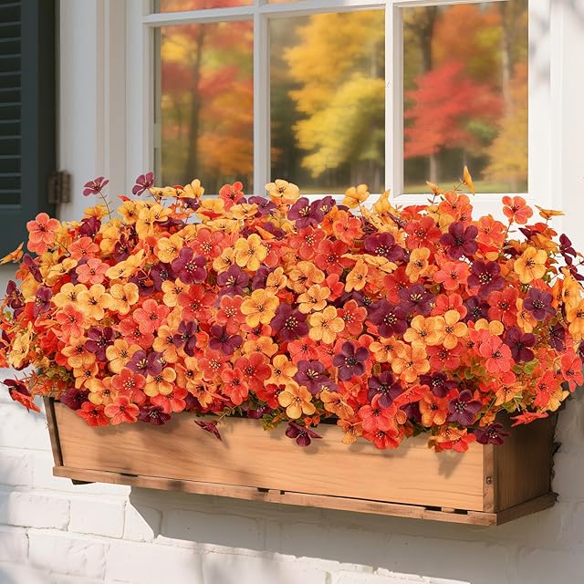 20 Bundles Artificial Fall Mums Flowers for Outdoors Decoration, UV Resistant Silk Violet Faux Eucalyptus Autumn Big Fake Plants for Outside Indoor Yard Home Porch Decor, OrangeYellowBrown