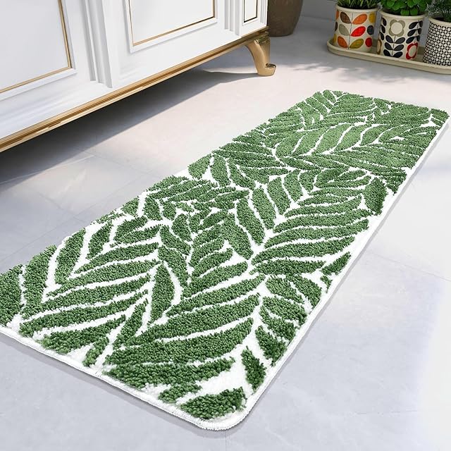 Bathroom Runner Rug - 4ft Long Bathroom Rug Green Long Bath Mat Leaf Bedroom Decor 47 Inches Rugs Water Absorbent Bath Rugs for Bathtub Leaves 18" x 47"