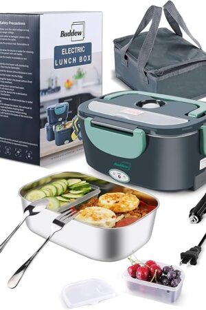 Buddew Electric Lunch Box 80W Food Heater for Adults, 12/24/110 V Portable Food Warmer for Travel & Work, 1.5L Food Warmers, Loncheras para Hombres de Trabajo (Green)
