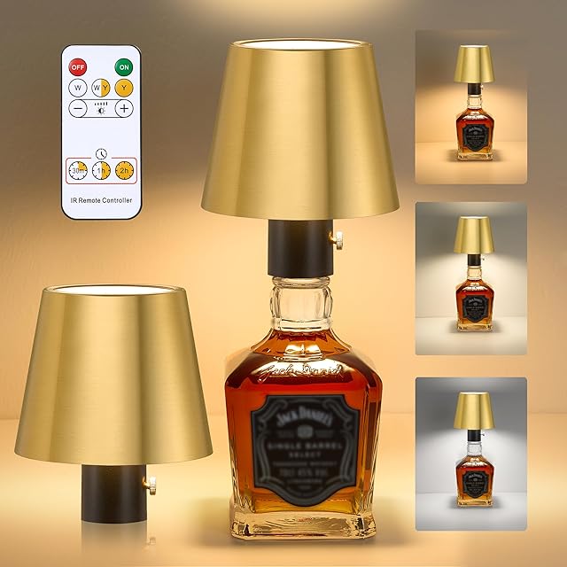 Wireless Bottle Lamp,Rechargeable Bottle Lights, 3 Color Temperature with Remote Control for Liquor and Wine Bottles, IP 56 Waterproof for Outdoor and Indoor, Extra Long Battery Life (Gold, 2pcs)