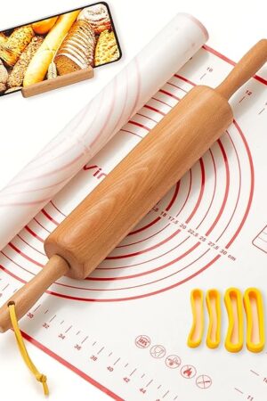 Classic Wood Rolling Pin, 17" Rolling Pins for Baking with Silicone Mat and Adjustable Thickness Rings, Pasta Roller with Wood Base, Fondant Roller for Pie Crust, Cookies, Pizza Dough and Bread