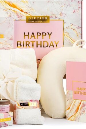 Birthday Gift Basket for Women - Happy Birthday Gift Basket For Her w/Memory Foam Pillow, Blanket, Candle, Socks, Journal, and Card - Curated Birthday Gift Set and Happy Birthday Gift Box for Women