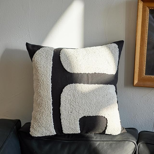 Black White Geometric Tufted Decorative Throw Pillow Cover,Chunky Boho Minimalist Modern Pillow Case,Mid Century Woven Abstract Pillow Sham for Bed Couch Living Room,18x18 inches, 1PCS