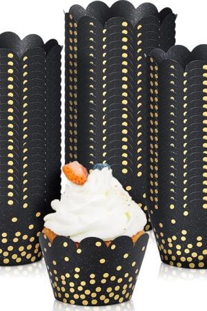 Zhehao 60 Pcs Gold Polka Dots Cupcake Wrappers Adjustable Graduation Cupcake Liners Paper Baking Cups Disposable Muffin Liners Holders for Birthday Baby Shower Wedding Party Supplies(Black)