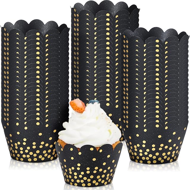Zhehao 60 Pcs Gold Polka Dots Cupcake Wrappers Adjustable Graduation Cupcake Liners Paper Baking Cups Disposable Muffin Liners Holders for Birthday Baby Shower Wedding Party Supplies(Black)