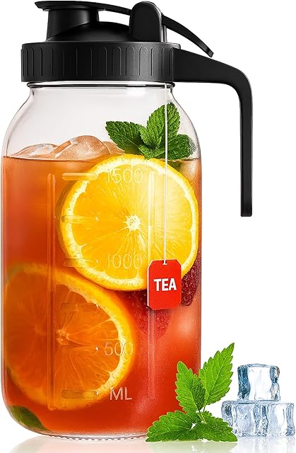 64 oz Mason Jar Pour Spout, 2 Quart Glass Water Pitcher with Lid, Airtight Seal for Great for Iced Tea,Juice,Milk,Coffee,Sun Lemonade, Set of 1(Black)
