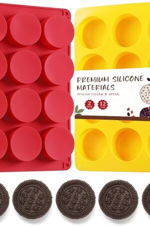 2PCS Silicone Cookie Chocolate Molds, Vituer 12-Cavity Round Silicone Baking Mold for Oreo, Candy, Chocolate, Cookie, Mini Cake and Jelly, Dishwasher Safe (Red+ Orange)