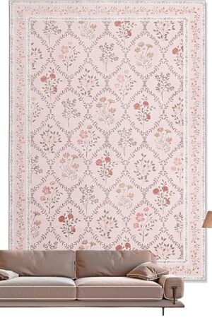 YIHOUSE 5x7 Washable Rug for Bedroom, Pink Floral Rugs for Living Room Non Slip Ultra-Thin Large Boho Rug for Kids Playroom, Classroom, Girls Dorm, Nursery, Pink Multi