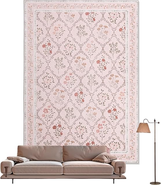 YIHOUSE 5x7 Washable Rug for Bedroom, Pink Floral Rugs for Living Room Non Slip Ultra-Thin Large Boho Rug for Kids Playroom, Classroom, Girls Dorm, Nursery, Pink Multi