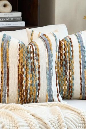 Aeckself Boho Pillow Covers 18x18 Inch Set of 2, Farmhouse Decorative Striped Square Chenille Tufted Accent Neutral Throw Pillow Covers for Living Room Couch Bed, Orange White