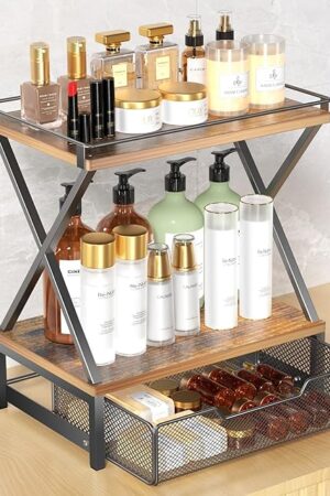 2 Tier Bathroom Counter Organizer with Drawer, Wood Vanity Bathroom Organizers and Storage for Perfume Skincare, Rustic Organizer Countertop Shelf for Bath Vanity Bedroom Kitchen Storage (Brown)