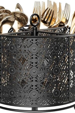360° Rotating Utensil Caddy Countertop - Cutlery Silverware Caddy Holder with 4 Compartment - Higher Raised Flatware Organizer with Handle for Party Kitchen Counter Office Black