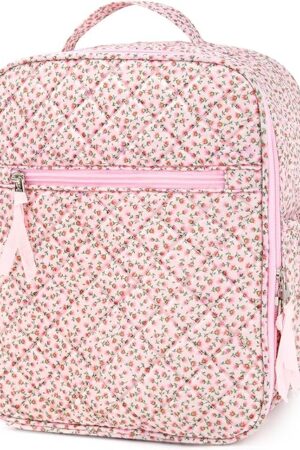Aileam Lunch Box for Women Cute Lunch Bag Quilted Reusable Insulated Lunch Box Aesthetic Lunch Tote Bags Floral Cotton Lunch Case for Travel Work Picnic (PINK DITSY)