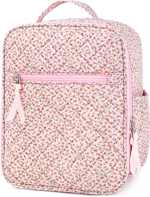 Aileam Lunch Box for Women Cute Lunch Bag Quilted Reusable Insulated Lunch Box Aesthetic Lunch Tote Bags Floral Cotton Lunch Case for Travel Work Picnic (PINK DITSY)