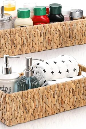2 Pack Wicker Storage Baskets, Water Hyacinth Holder for Toilet Paper, Rectangular Natural Bins with Built-in Handles, Handwoven Organizer for Bathroom Kitchen Pantry Tank Top, 2 Sizes