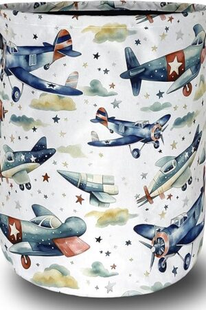 Watercolor Plane Laundry Basket Foldable Cartoon Laundry Hamper Oxford Cloth Plane Printed Colorful Tote Bag Clothes Toy Storage Bucket For Bathroom/Laundry Storage/Bedroom 18.9x16.5 Inch