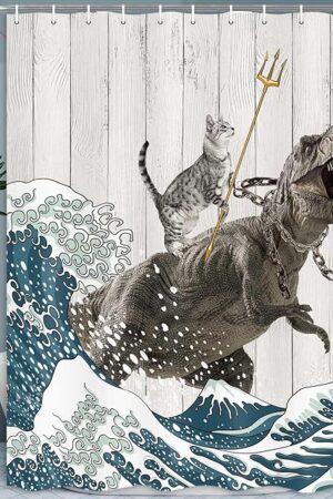 Boziqr Funny Cat Shower Curtain, Cool Cat Dinosaur Japanese Ocean Wave Decor Fabric Bathroom Curtains, Kids Children Rustic Wooden Farmhouse Shower Curtain, 70X70 Inches