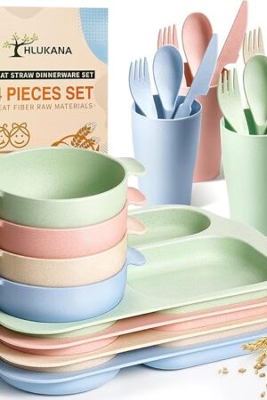 24 Pcs Wheat Straw Dinnerware Cutlery Set, Unbreakable Tableware Set, Including Kids Toddlers Divided Plates, Bowls, Cup, Cutlery Spoons Knifes Forks, BPA Free, Microwave Dishwasher Safe