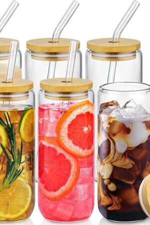 20 Oz Drinking Glasses with Bamboo Lids and Glass Straw - 6 Pcs Glass Cups Beer Ice Coffee Glasses Cute Aesthetic Cup Great for Coffee Bar Accessories Include 2 Cleaning Brushes