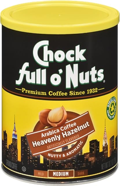 Chock Full o’Nuts Heavenly Hazelnut Ground Coffee (10.2 Oz. Can) – Arabica Coffee Beans – Aromatic and Smooth with a Rich, Nutty Flavor