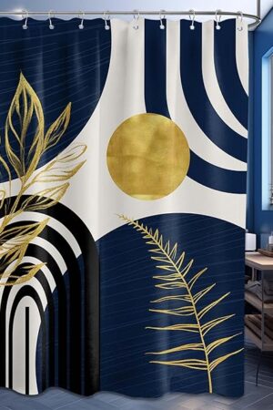 Boho Mid Century Modern Shower Curtain Navy Blue Shower Curtains for Mens Bathroom Decor Bohemian Dark Blue and Gold Leaves MCM Bath Curtain Set, Waterproof Fabric with Hooks 72x72 inch