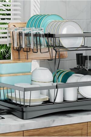 7 code Large Dish Drying Rack for Kitchen Counter, Detachable Large Capacity Dish Drainer Organizer, 2-Tier Dish Racks with Utensil Holder, Black