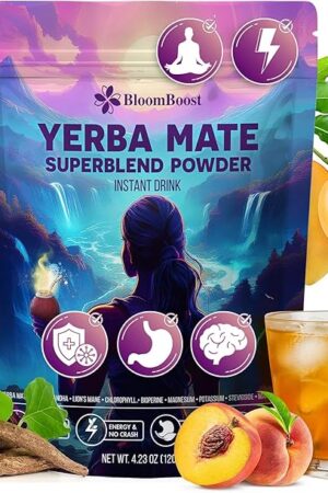 Yerba Mate Instant Tea Powder - Peach Mango Flavor - 11 Servings | Superfood Energy & Focus | With Ashwagandha & Lion's | Sugar-Free, Gluten-Free | 4.23 oz