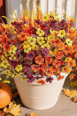 Artificial Fall Flowers Fake Mums Plants for Outdoors Decoration, 14 Bundles Faux Silk Daisy and Ferns UV Resistant Autumn Fake Planter for Home Porch Patio Yard Window Box