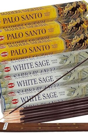 White Sage Incense Sticks and Hem De Palo Santo Incense Sticks with Incense Holder Bundle for Smudging Smudge kit Natural Inciensos Aromaticos Home Fragrance