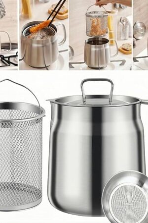 68oz 304 Stainless Steel Deep Fryer Pot with Basket & Strainer, Large Capacity Bacon Grease Container for Kitchen,Frying, Cooking, Camping,Oil Filter Container - Dishwasher Safe (68oz/2L/2.1Qt)