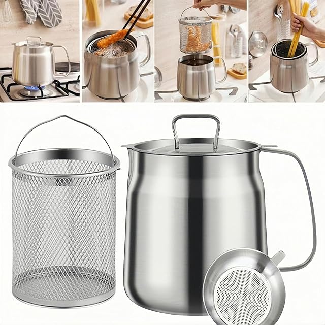 68oz 304 Stainless Steel Deep Fryer Pot with Basket & Strainer, Large Capacity Bacon Grease Container for Kitchen,Frying, Cooking, Camping,Oil Filter Container - Dishwasher Safe (68oz/2L/2.1Qt)