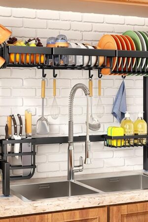 4 Baskets Over The Sink Dish Drying Rack - Large Kitchen Dish Rack with Adjustable Design, Space Saving Drying Rack, 12.4" D x 30"-41.5" W x 20.5" H