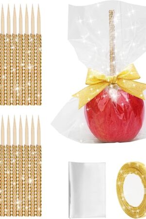 24Pcs Candy Apple Stick Kit, 24P Bling Stick for Apple Rhinestone Wooden Skewers with 24P Bags/ 25 Yard Glitter Ribbon, Bling Skewers for Caramel Lollipop Crispy Treat