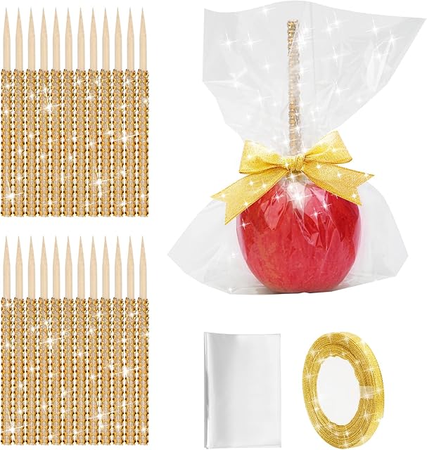 24Pcs Candy Apple Stick Kit, 24P Bling Stick for Apple Rhinestone Wooden Skewers with 24P Bags/ 25 Yard Glitter Ribbon, Bling Skewers for Caramel Lollipop Crispy Treat