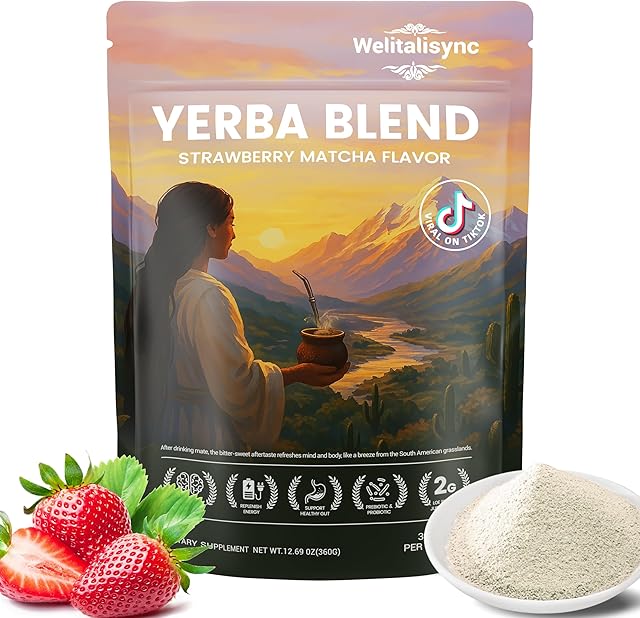 Yerba Mate Strawberry Matcha Instant Tea Powder - 3-in-1 Super Drink | Supports Mental Clarity | Low Sugar | Contains Pre/Probiotics | Replenishes Energy | 12.69 oz (30 Servings)