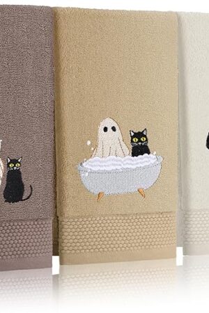 3 Pcs Halloween Hand Towels Ghost and Black Cat in Bathroom Embroidered Decorative Brown Hand Towels for Bathroom Kitchen Decor Set, 100% Cotton, 13.3 x 29.5 Inches