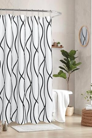Biscaynebay Textured Fabric Shower Curtain 72 Inches by 72 Inches, Black Printed Striped Linen Modern Hotel Luxury Quality Cloth Bathroom Curtains Machine Washable