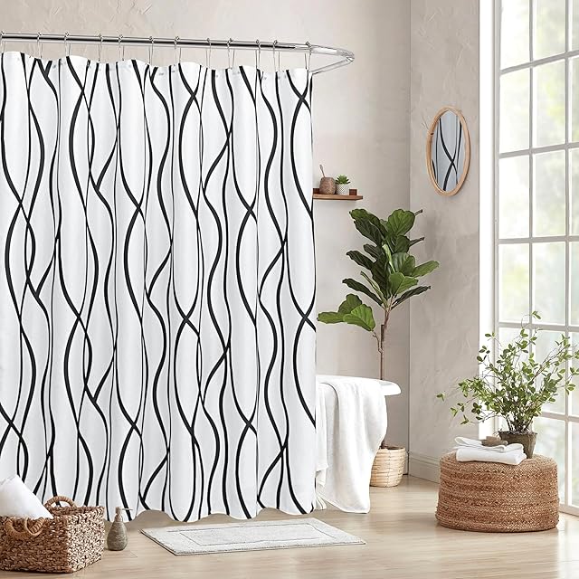 Biscaynebay Textured Fabric Shower Curtain 72 Inches by 72 Inches, Black Printed Striped Linen Modern Hotel Luxury Quality Cloth Bathroom Curtains Machine Washable