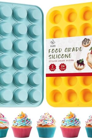 2PCS Silicone Mini Muffin Pan, 24 Cups Nonstick Mini Cupcake Pan for Baking, BPA Free and Dishwasher Safe, Great for Making Muffin Cakes, Tart, Bread and Egg Bites