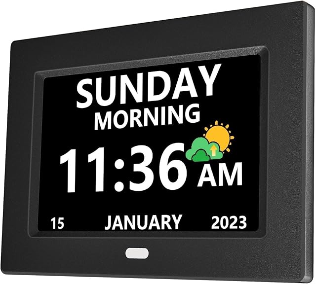 7 Inch Digital Clock with Day and Date for Elderly Alzheimer's Dementia Clock Customizable Alarms and Medicine Reminders 3 Display Modes Large Font Digital Alarm Clock for Seniors Black