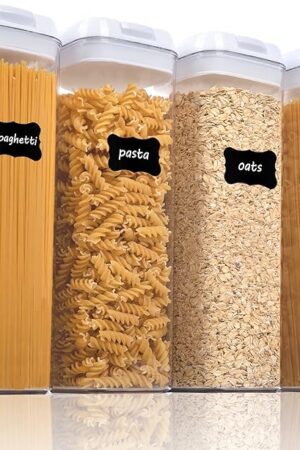 Vtopmart 4 PCS Airtight Food Storage Containers, BPA Free Plastic Spaghetti Pasta Containers with Easy Lock Lids, for Kitchen Pantry Organization and Storage, Include 24 Labels, 1.8L