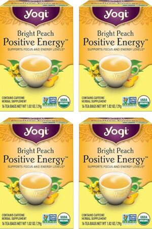 Yogi Tea Bright Peach Positive Energy - 4 Packs (16 Tea Bags/Pack) | Supports Focus & Energy | Includes Oolong Tea Leaf | White Hibiscus Flower | Rose Hips & More