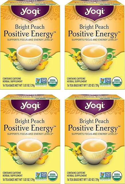Yogi Tea Bright Peach Positive Energy - 4 Packs (16 Tea Bags/Pack) | Supports Focus & Energy | Includes Oolong Tea Leaf | White Hibiscus Flower | Rose Hips & More