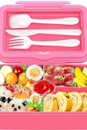 DaCool Kids Lunch Box Bento Box - Large 7.5 Cups with 4-Compartment Leakproof Toddler Girls Lunch Containers with Fork Spoon for Meal Snack On-the-Go Meal and Snack Packing for School Picnic, Pink