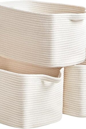 3 Packs Cotton Rope Woven Basket With Handles for Shelves -15"*10.2"*9.1"(White)