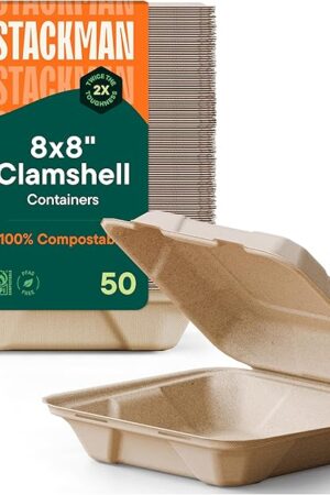 100% Compostable Clamshell Take Out Food Containers [8X8" 50-Pack] Heavy-Duty Quality to go Containers, Natural Disposable Bagasse, Eco-Friendly Biodegradable Made of Sugar Cane Fibers