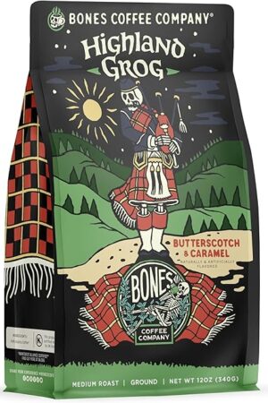 Bones Coffee Company Highland Grog, Butterscotch Caramel Flavored Coffee, Medium Roast Low Acid Arabica Beans Compatible with Auto drip and French Press Coffee Maker, 12 Oz Ground